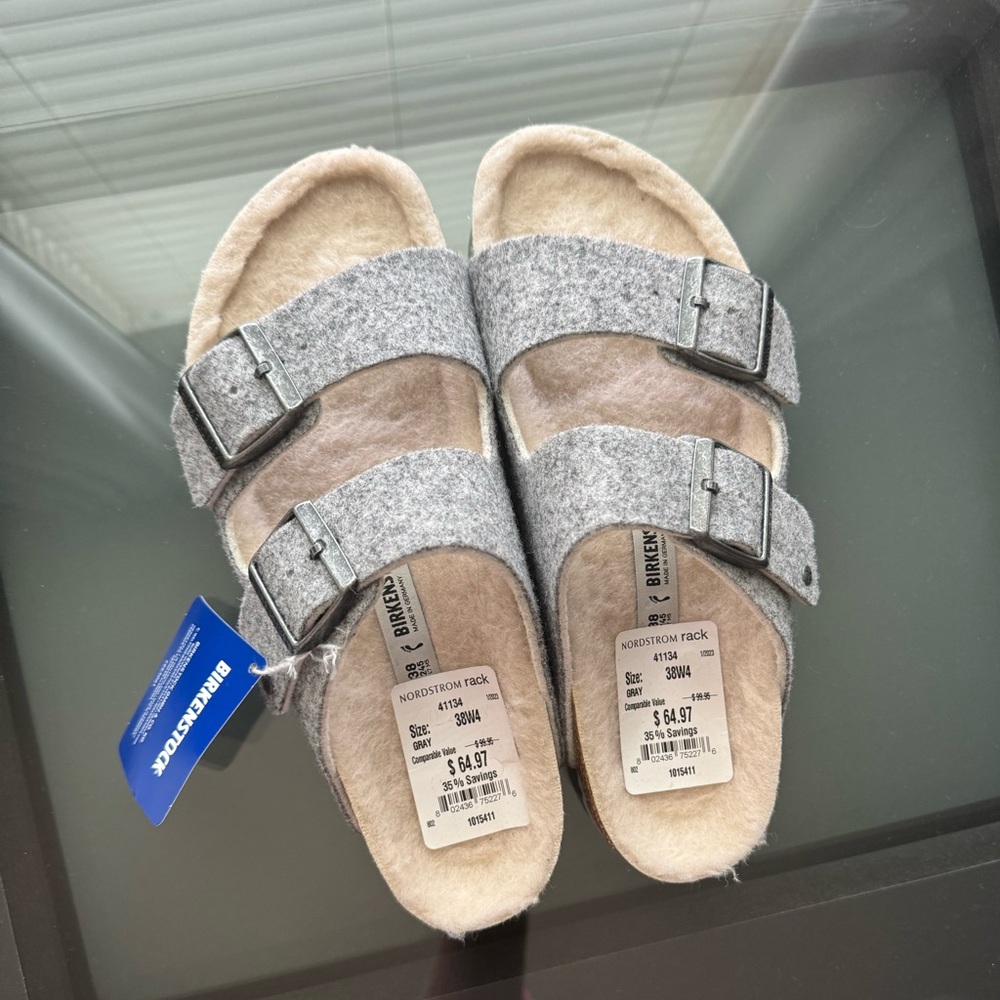 Brand NWT Birkenstock Arizona style Flannel and faux fur Heather Grey Sz 38